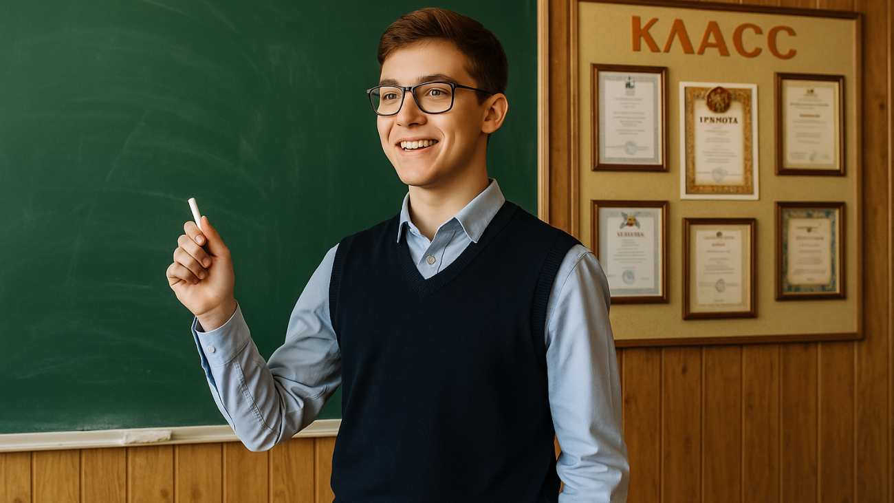 школьник отвечает у доски с мелом в руке