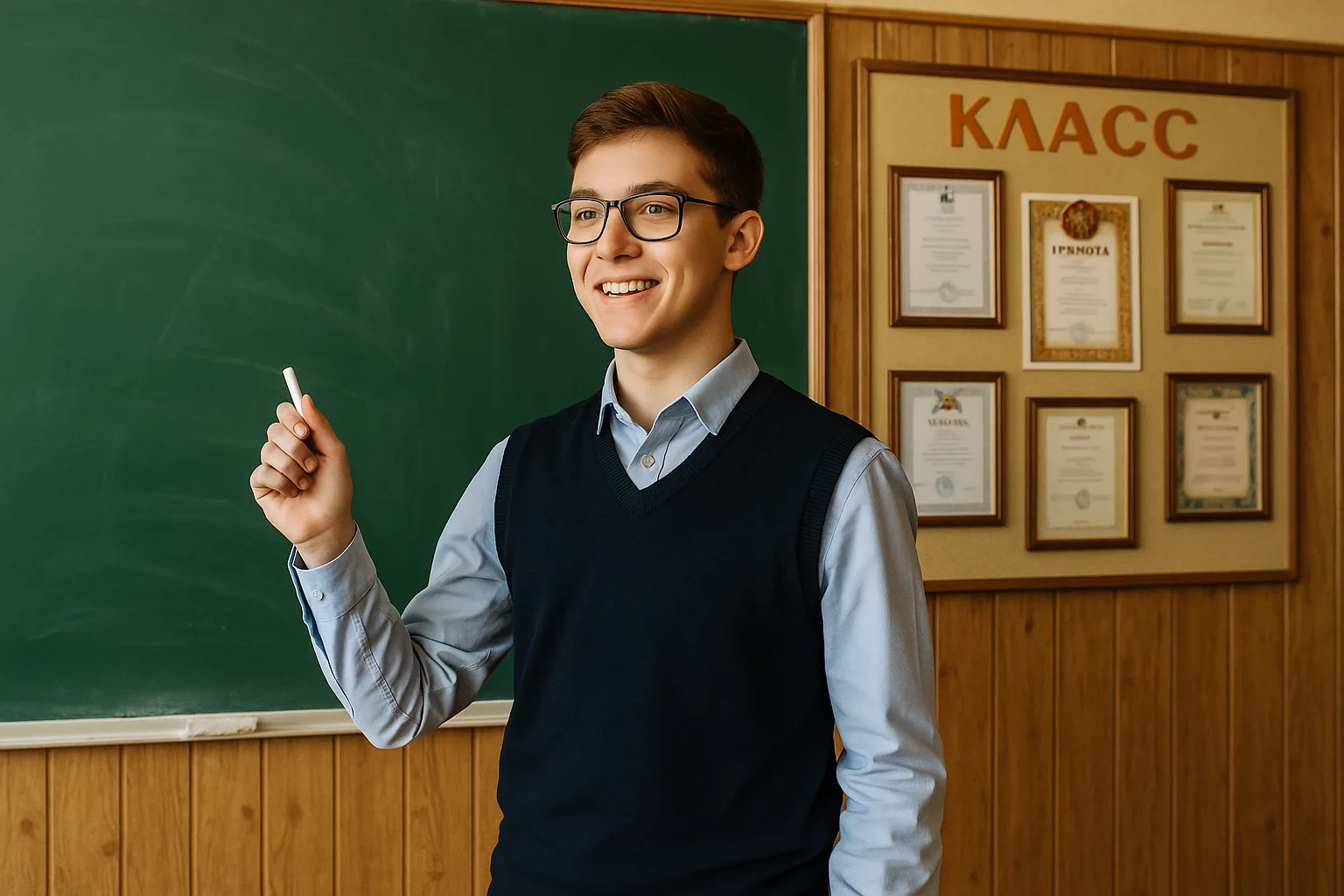школьник отвечает у доски с мелом в руке
