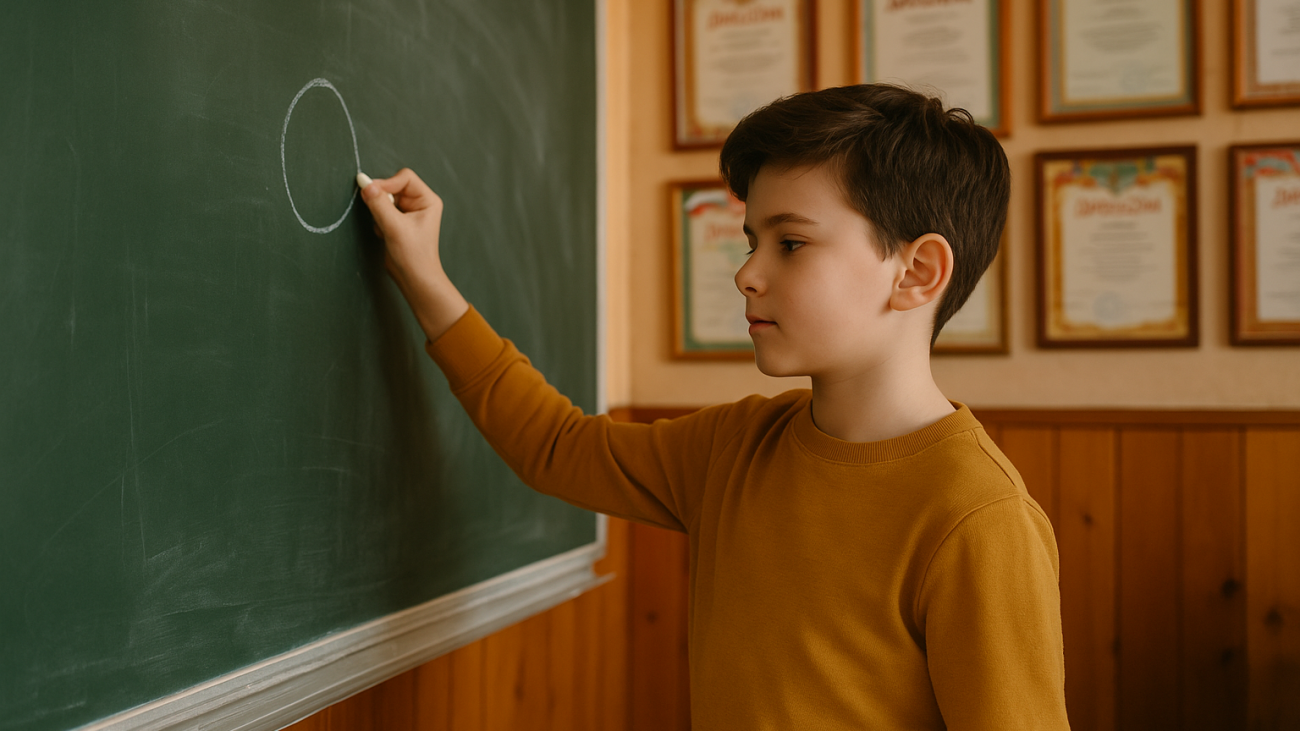 ученик рисует на доске, позади — грамоты