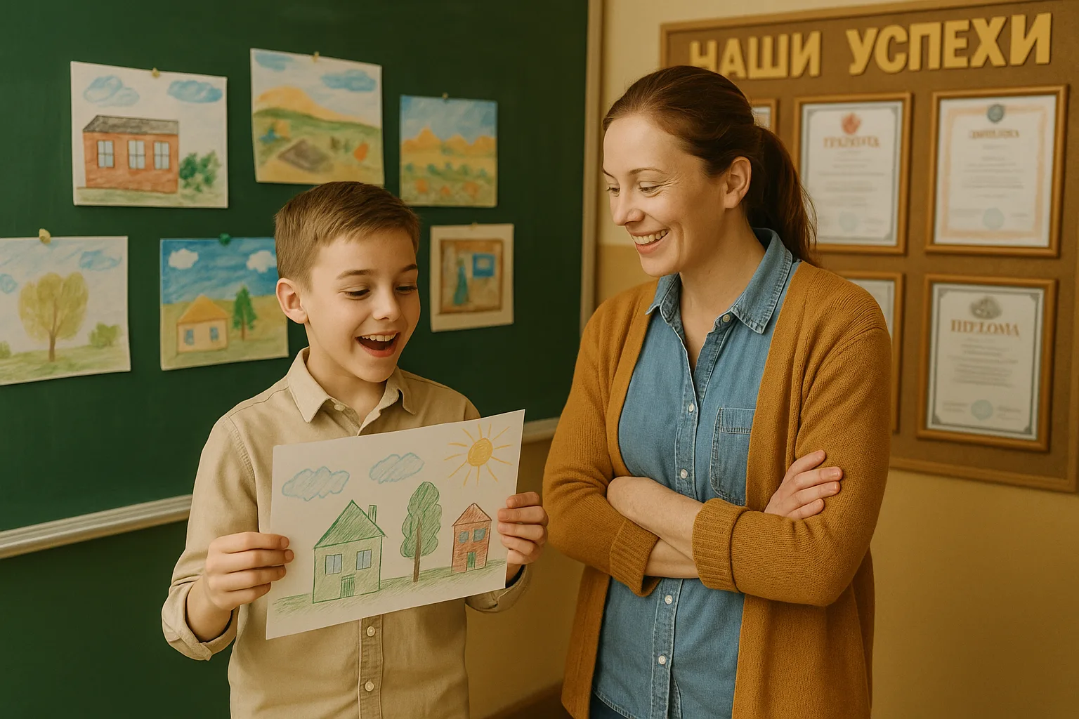 ребёнок демонстрирует родителю проект на выставке