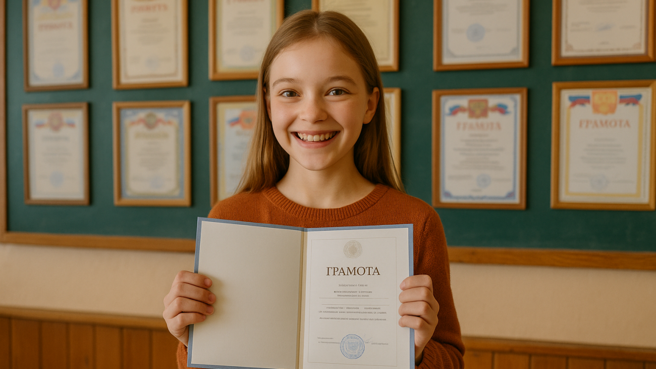 школьница с грамотой на фоне стенда достижений