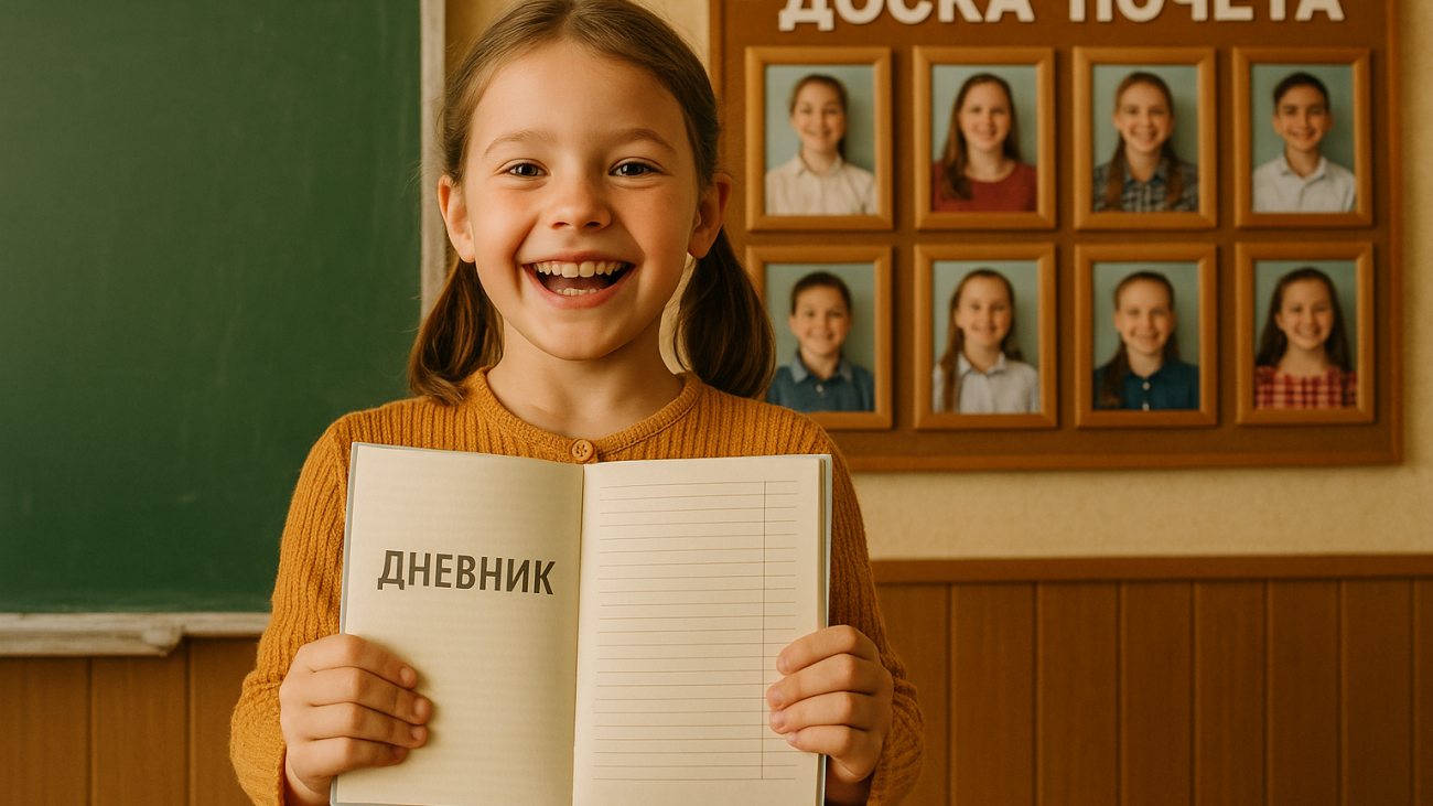 ученица показывает дневник на фоне стенда с фото