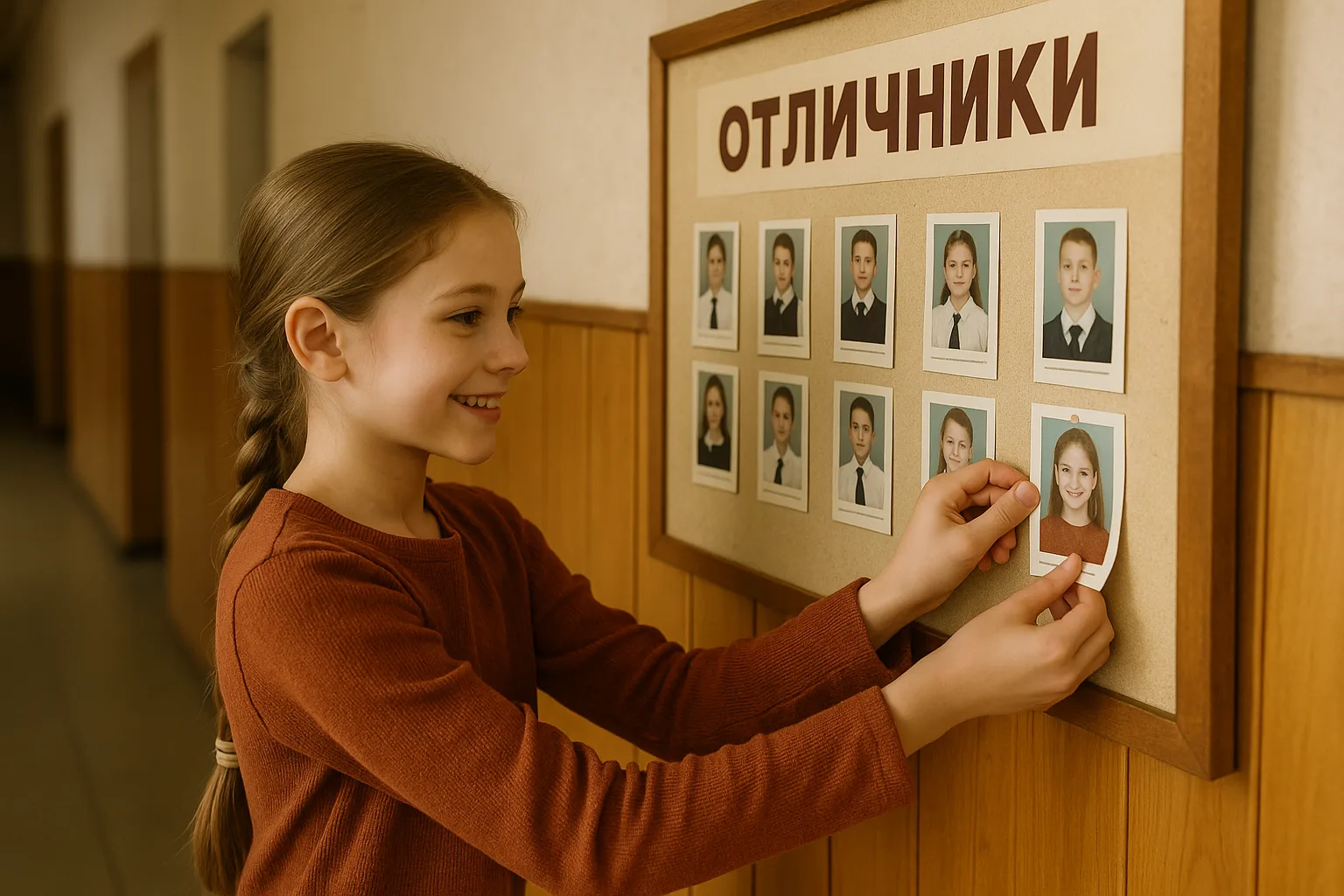 ученица вешает фото на доску отличников