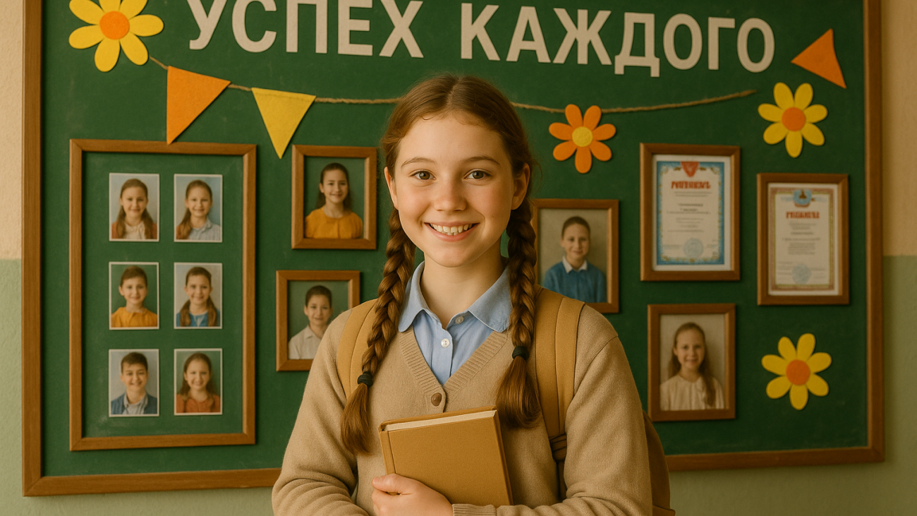 школьница на фоне доски с успехами класса
