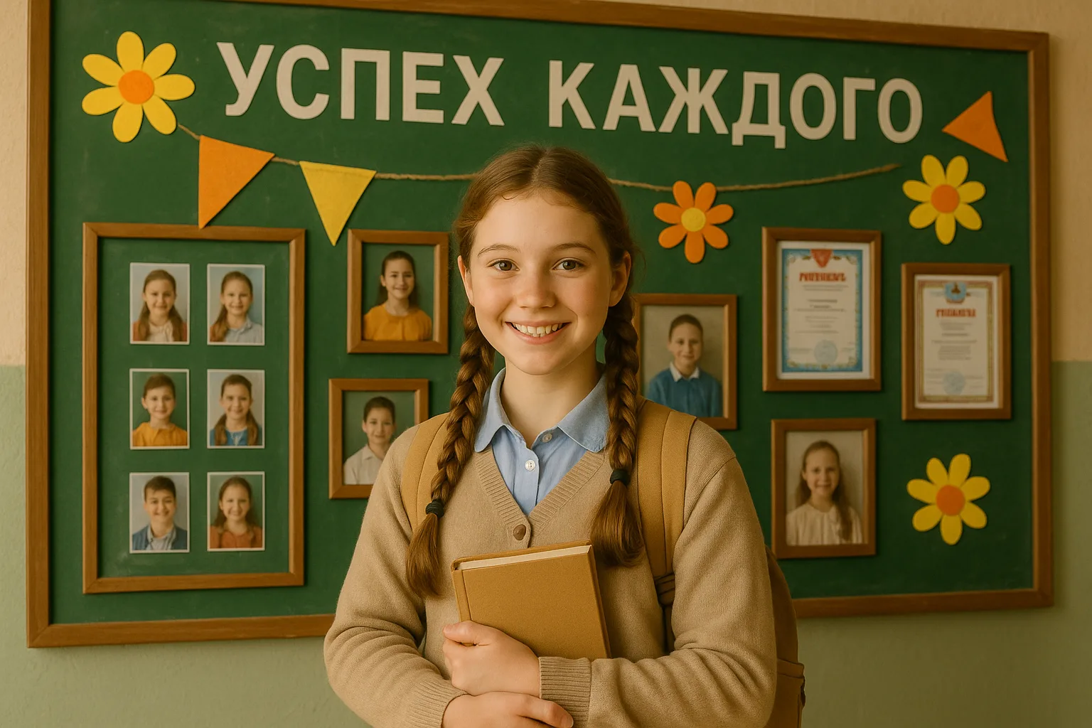 школьница на фоне доски с успехами класса