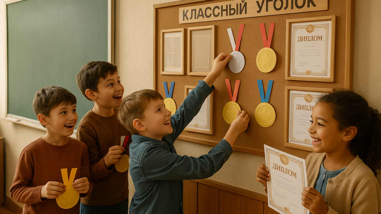 дети украшают школьный уголок бумажными медалями