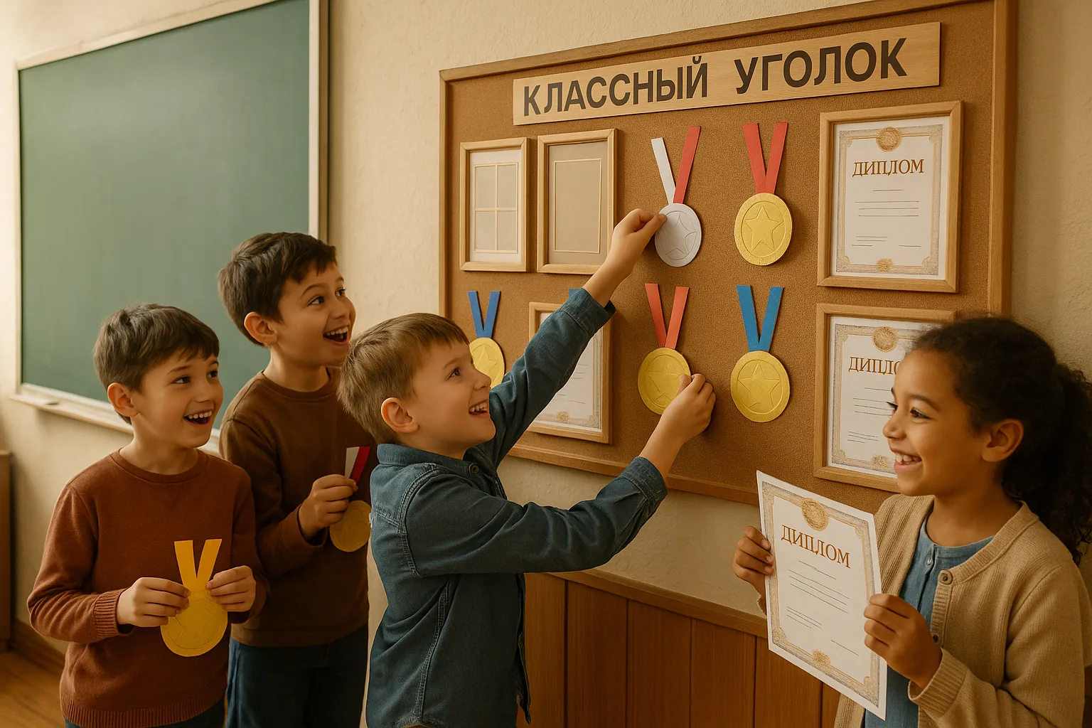 дети украшают школьный уголок бумажными медалями