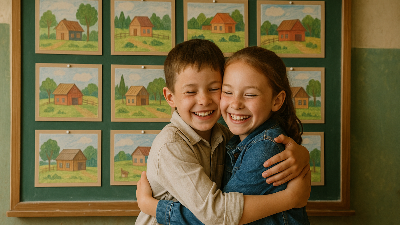 школьники обнимаются у доски конкурсных работ