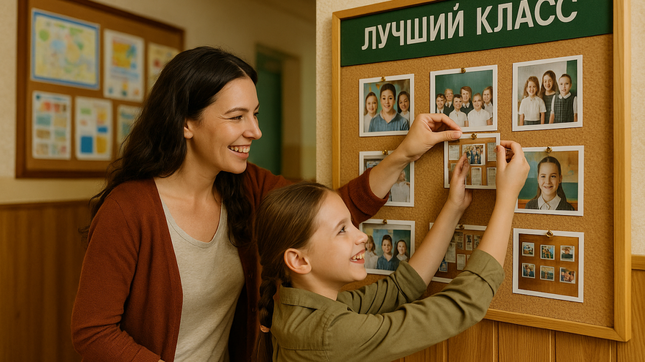 мама и дочка вешают фото на стенд класса