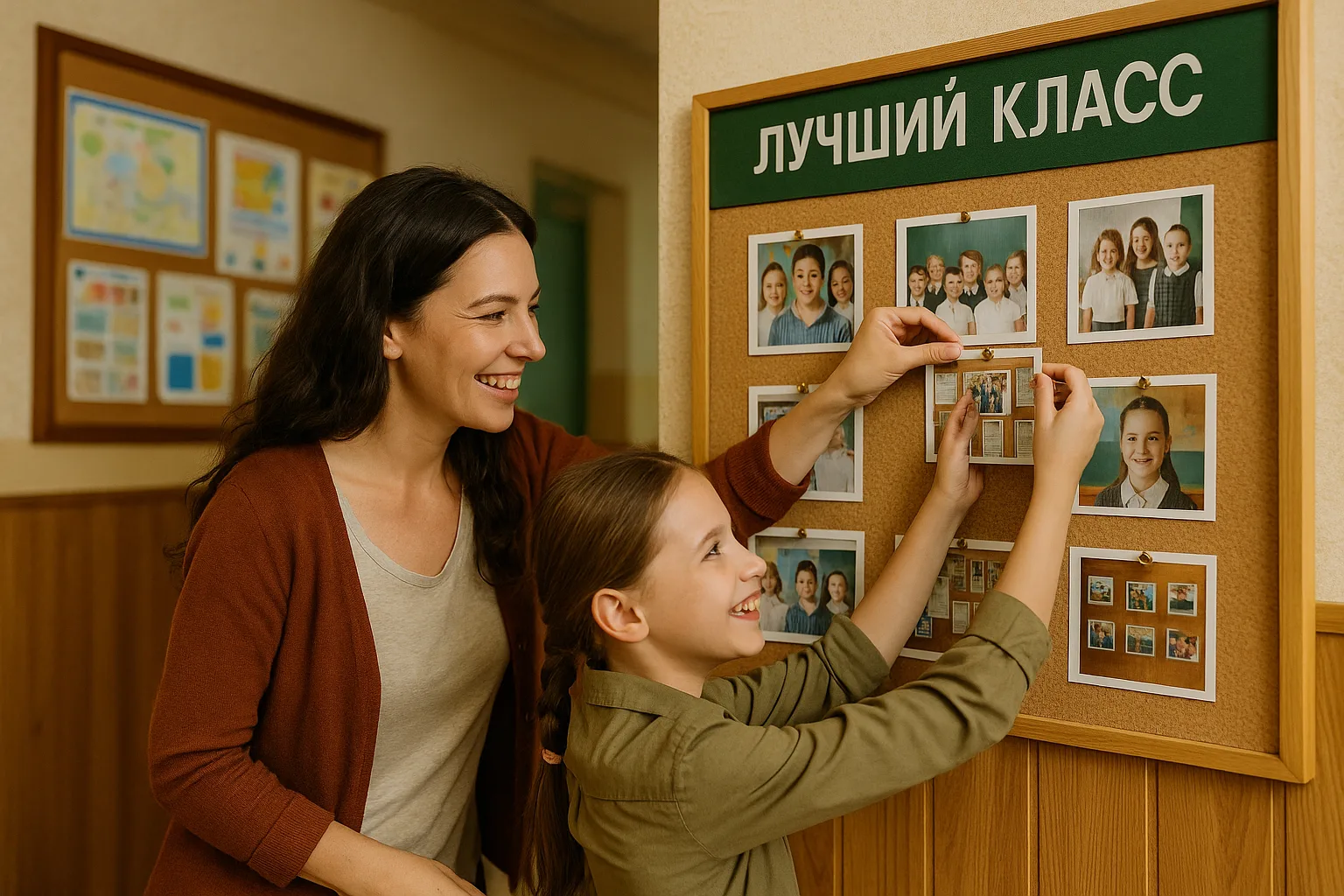мама и дочка вешают фото на стенд класса