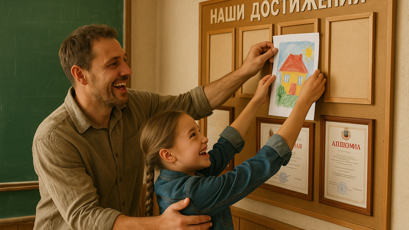 родитель и ребёнок размещают поделку на школьном стенде