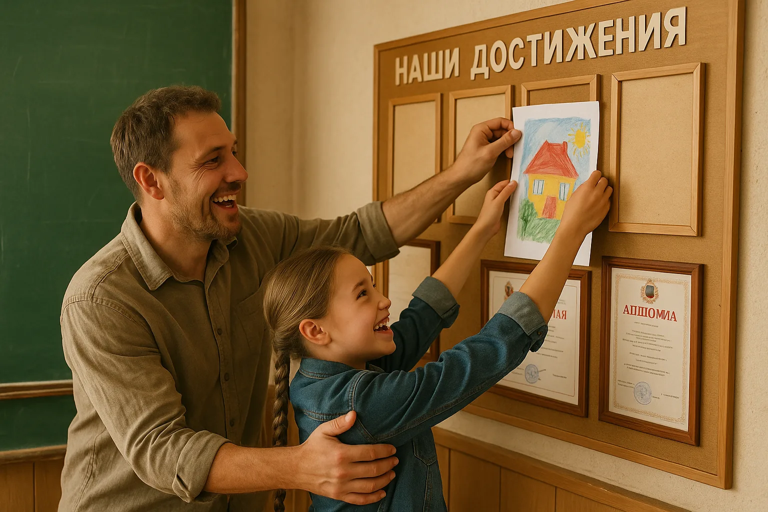 родитель и ребёнок размещают поделку на школьном стенде