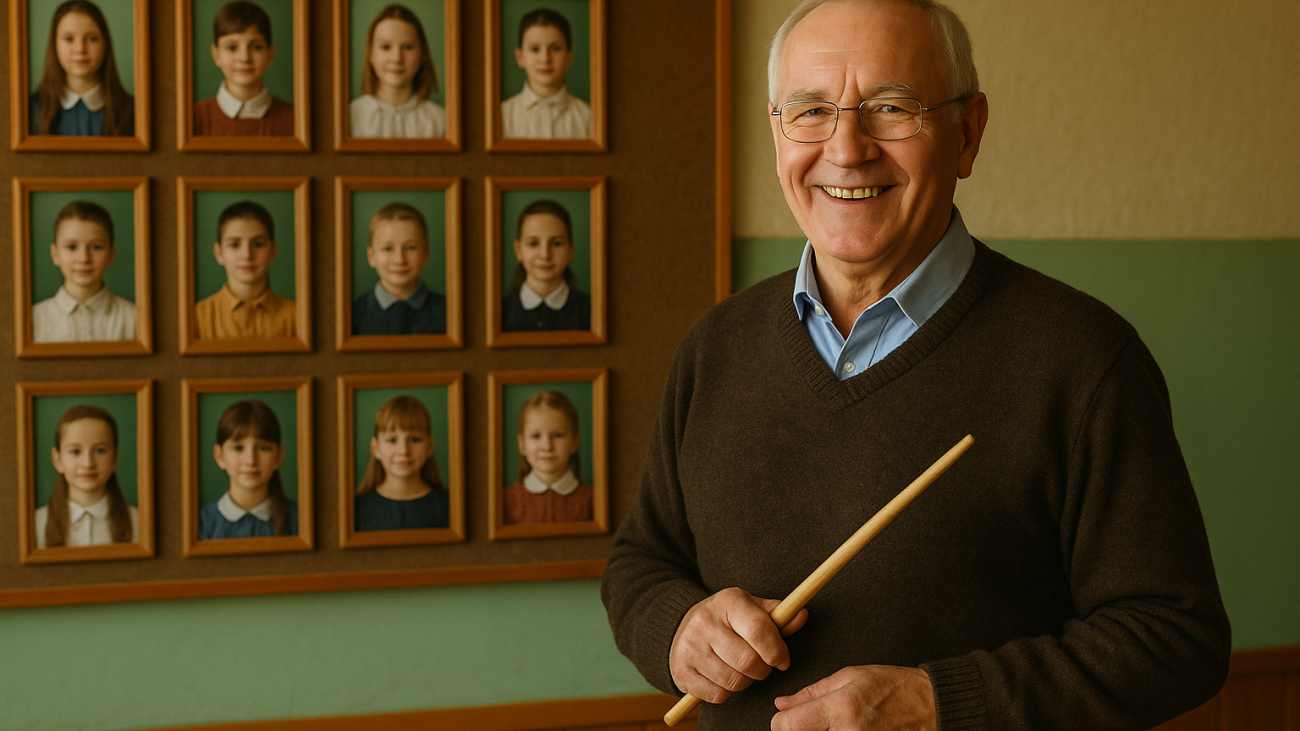 учитель с указкой на фоне школьной галереи