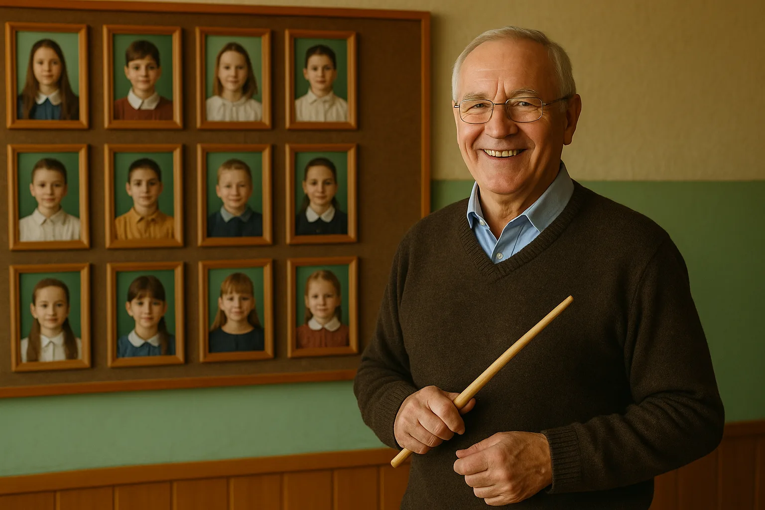 учитель с указкой на фоне школьной галереи