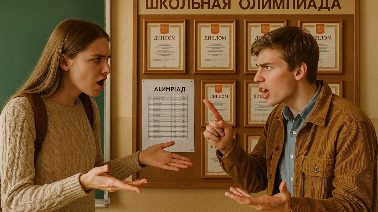 ученики обсуждают результаты олимпиады у стенда