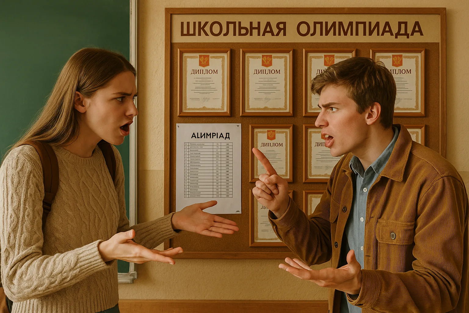 ученики обсуждают результаты олимпиады у стенда