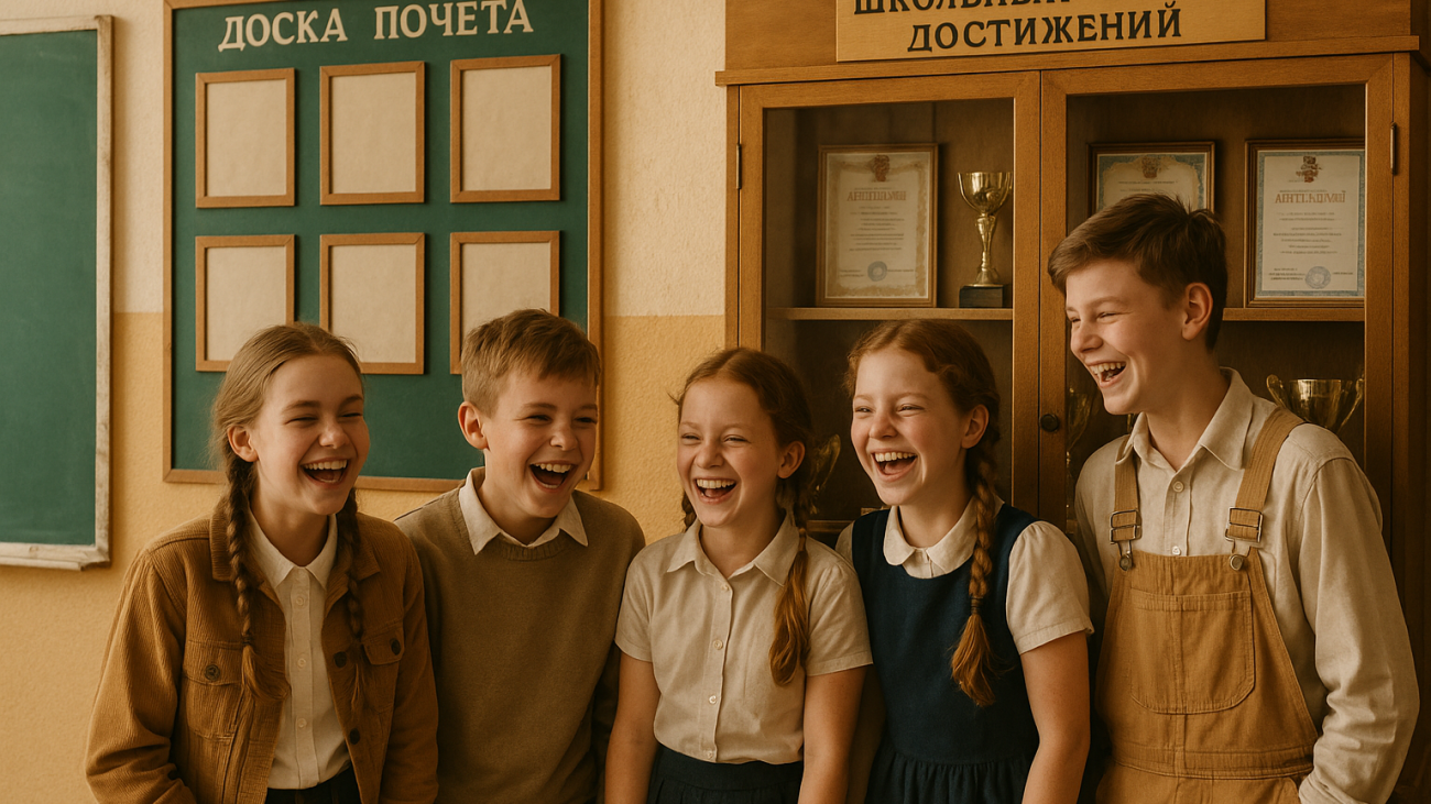 школьники смеются у витрины музея