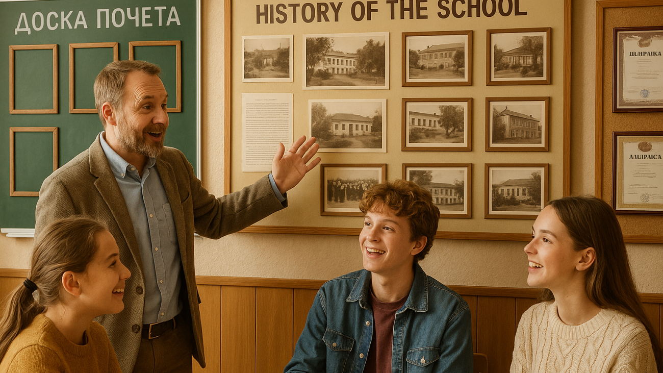 учитель рассказывает ученикам у стенда с историей школы