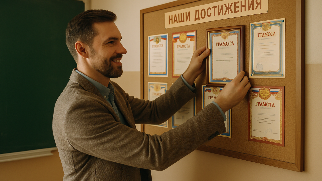 учитель размещает грамоту на стенде достижений