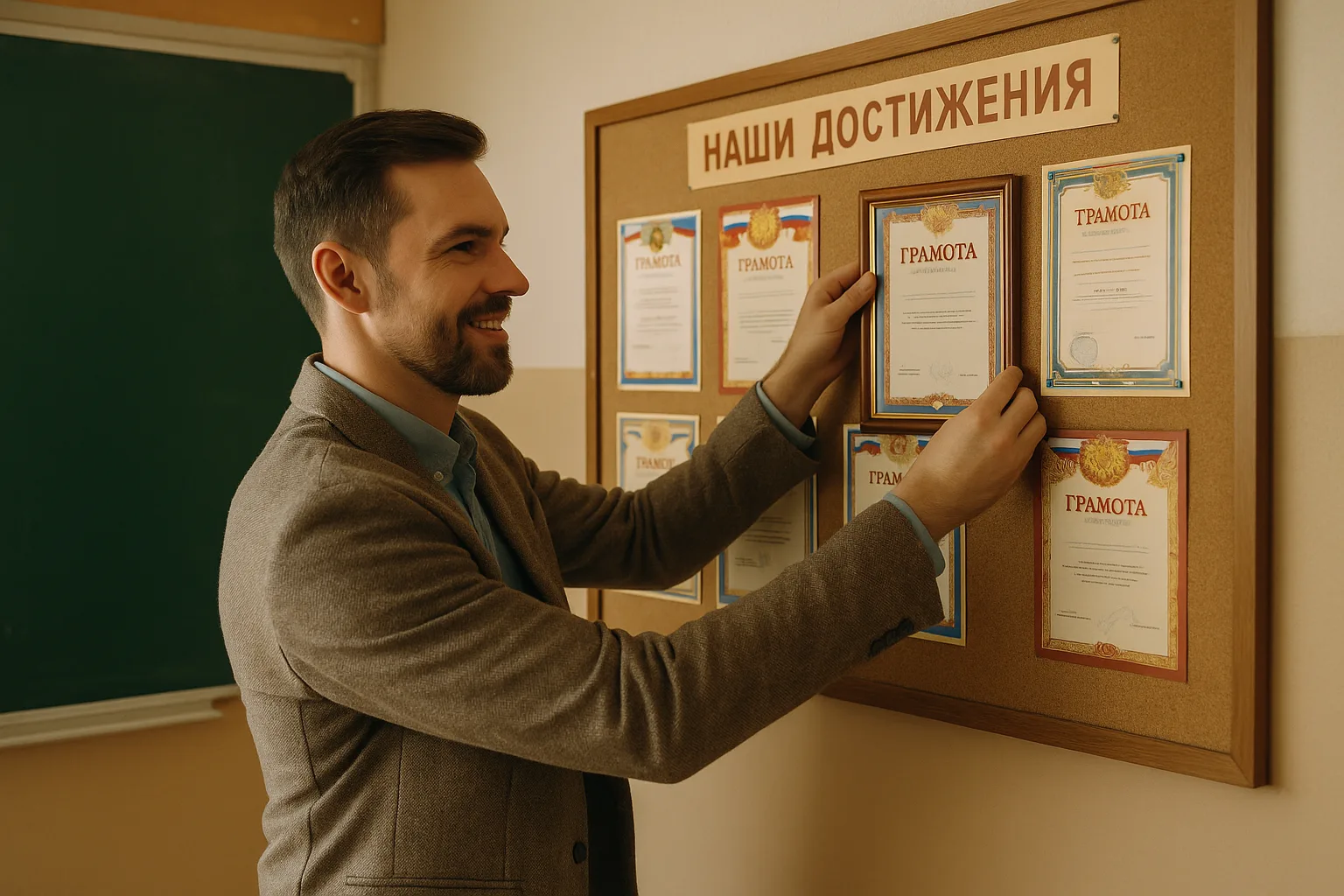 учитель размещает грамоту на стенде достижений