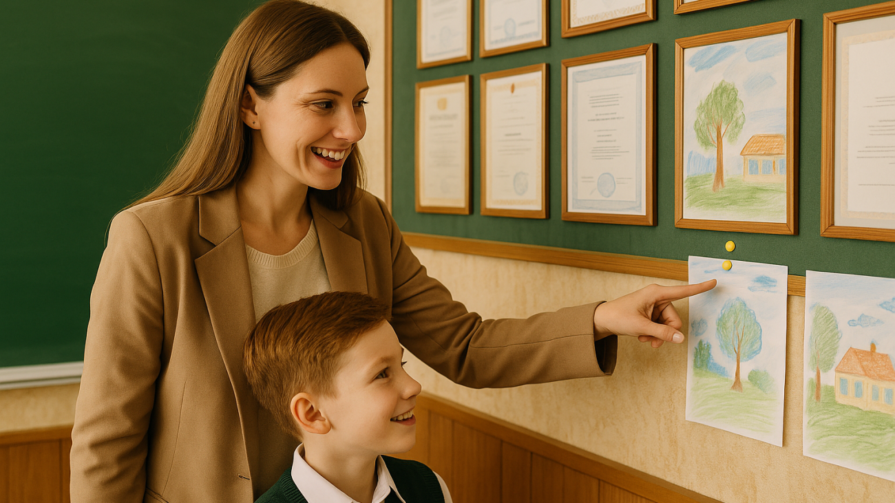 учительница указывает на рисунок ученика на стенде